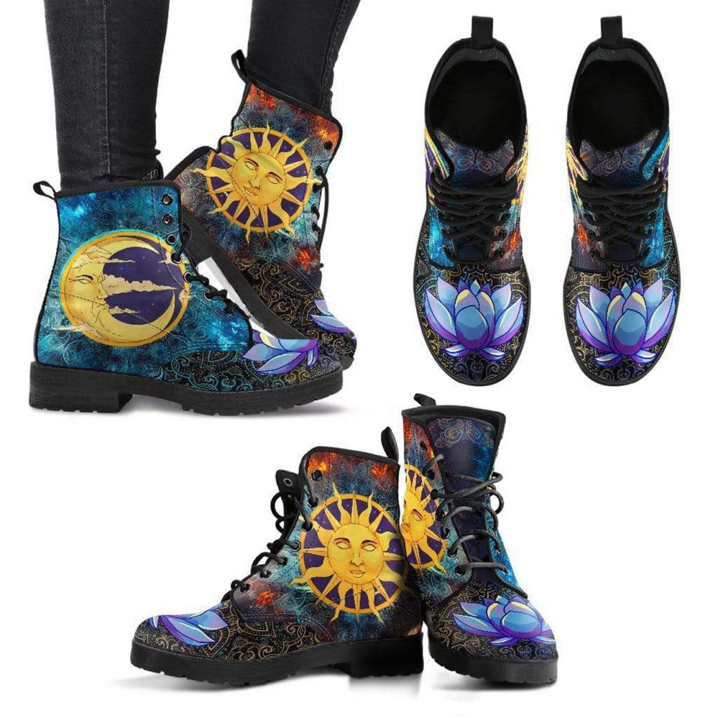Astrology Boots - Sun Moon Lotus | Vegan Leather Lace Up Printed Boots For Women