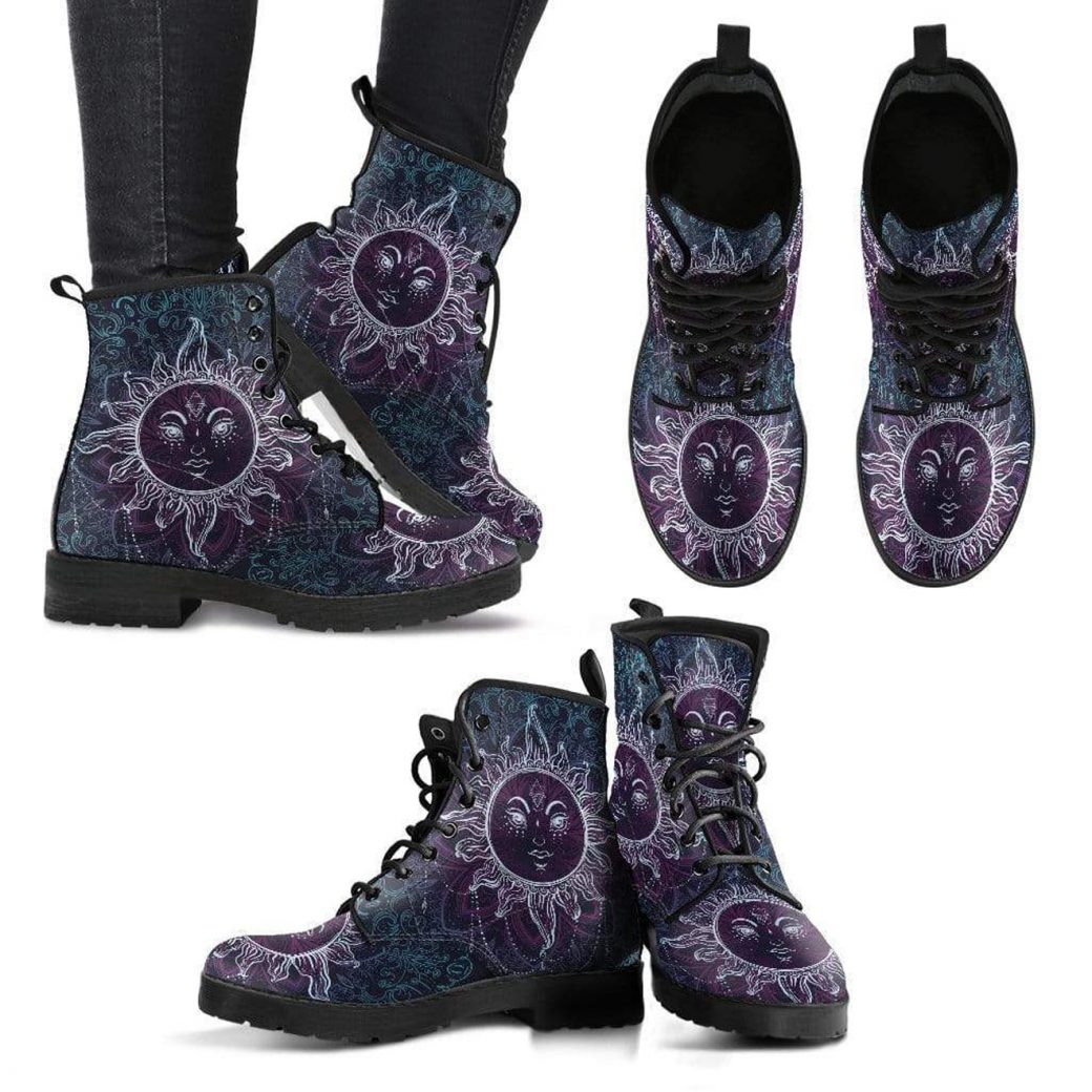 Cool Sun Moon Boots | Vegan Leather Lace Up Printed Boots For Women
