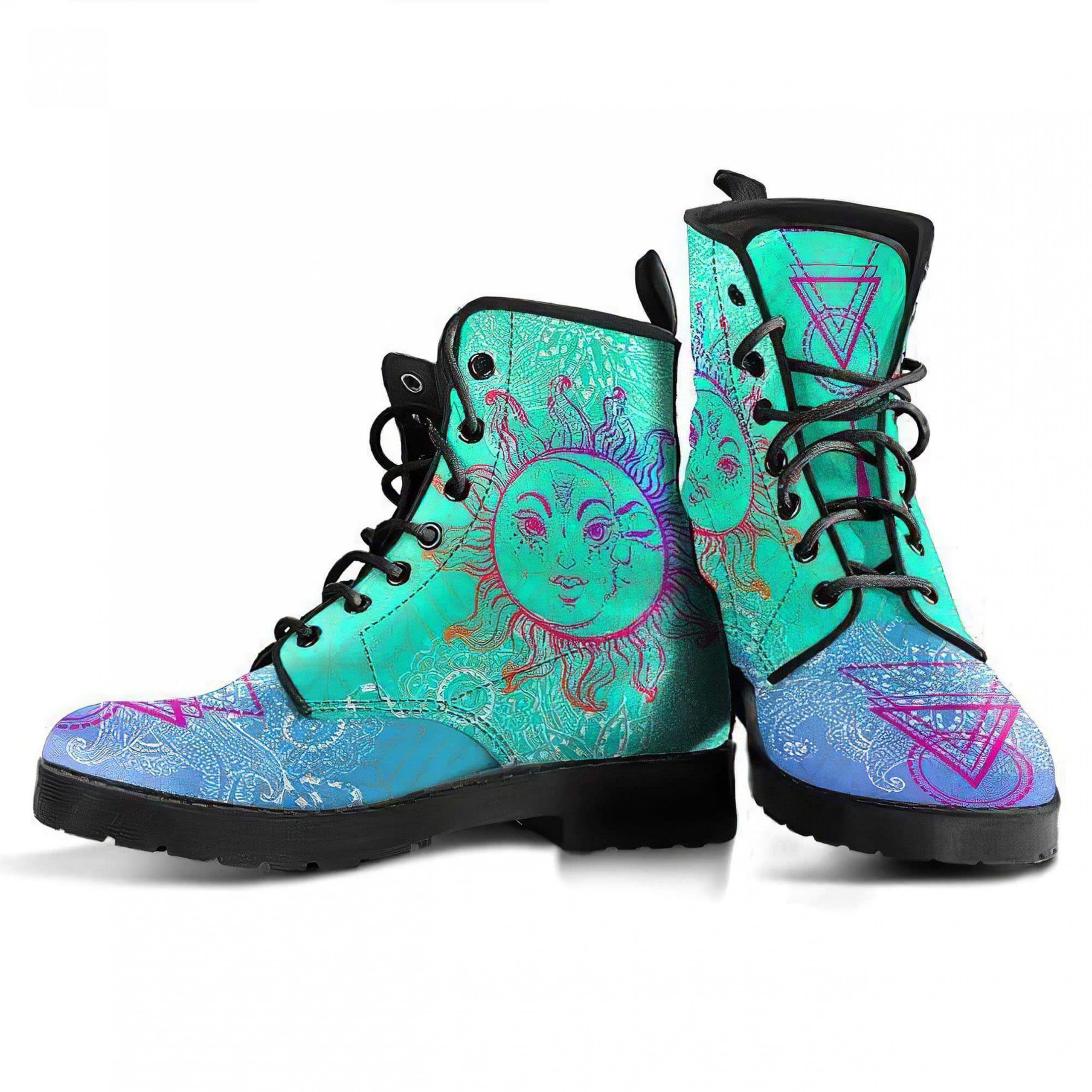 Blue Purple Sun & Moon Boots | Vegan Leather Lace Up Printed Boots For Women