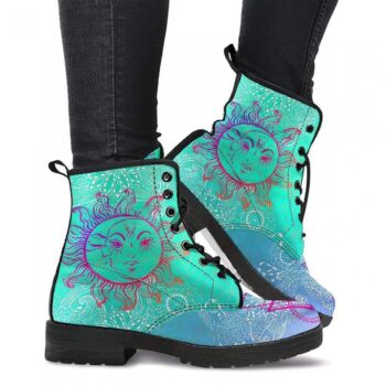 Blue Purple Sun & Moon Boots | Vegan Leather Lace Up Printed Boots For Women