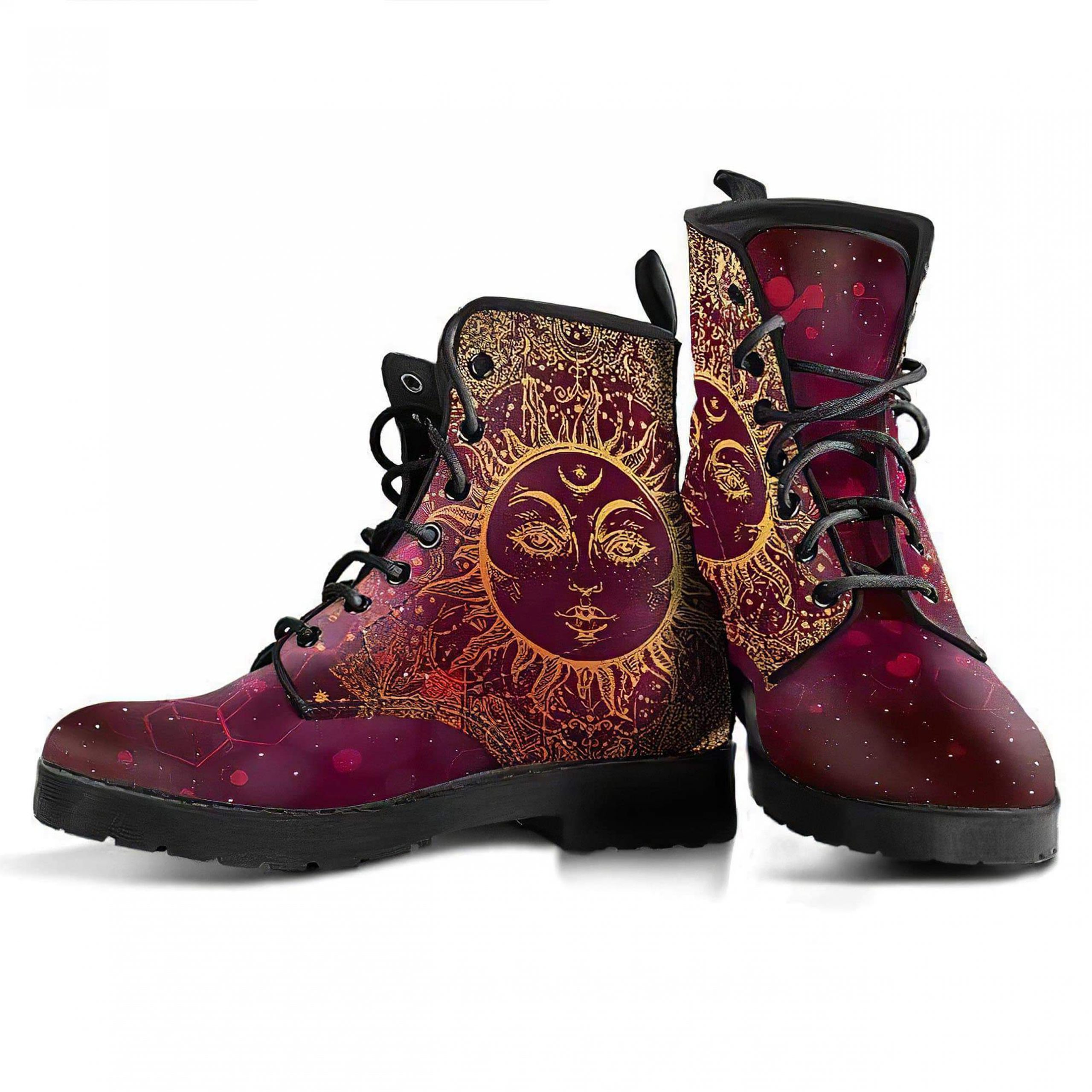 Maroon Sun Printed Boots | Vegan Leather Lace Up Printed Boots For Women