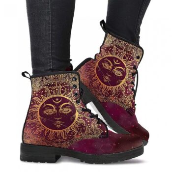 Maroon Sun Printed Boots | Vegan Leather Lace Up Printed Boots For Women