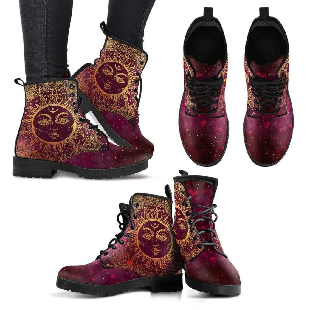 Maroon Sun Printed Boots | Vegan Leather Lace Up Printed Boots For Women