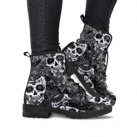 Black & White Skull Boots | Vegan Leather Lace Up Printed Boots For Women