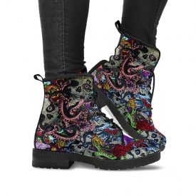 Colorful Skulls Boots | Vegan Leather Lace Up Printed Boots For Women