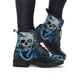 Octopus Skull Boots | Vegan Leather Lace Up Printed Boots For Women