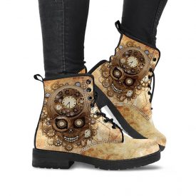 Clock Skull Steampunk Boots | Vegan Leather Lace Up Printed Boots For Women
