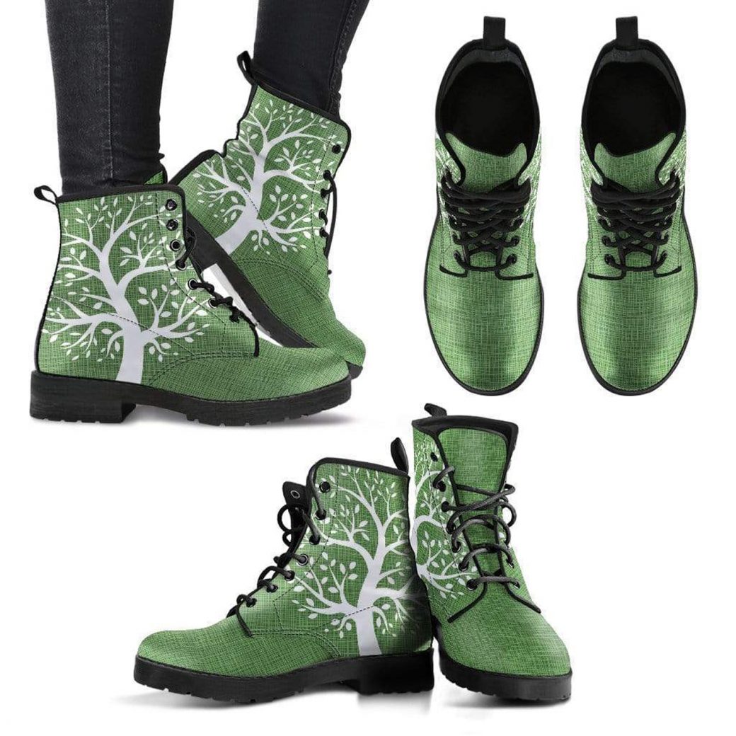 Green Tree of Life Boots | Vegan Leather Lace Up Printed Boots For Women