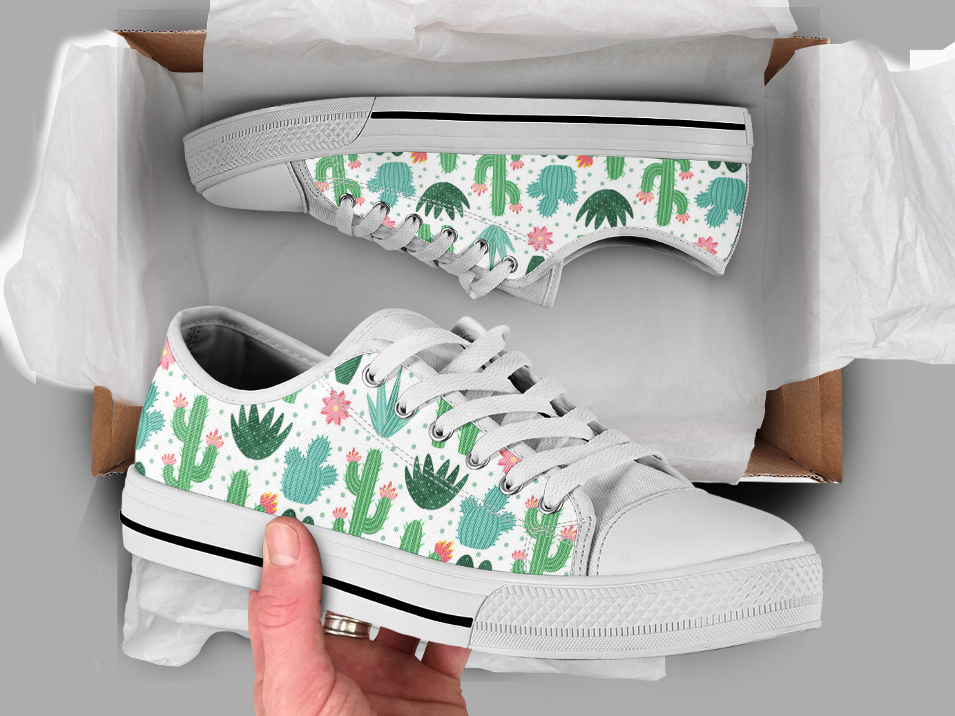 White Green Cactus Shoes | Custom Low Tops Sneakers For Kids & Adults