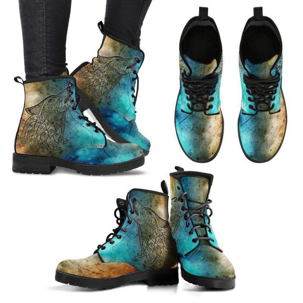 Cool Wolf Boots | Vegan Leather Lace Up Printed Boots For Women