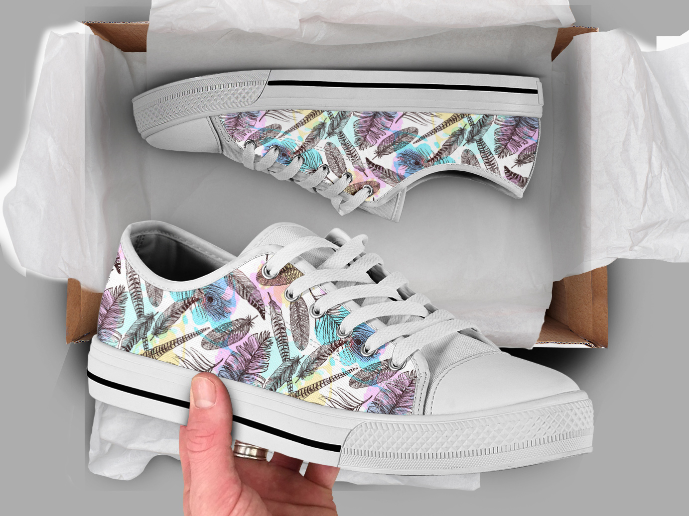 Feather Print Shoes | Custom Low Tops Sneakers For Kids & Adults
